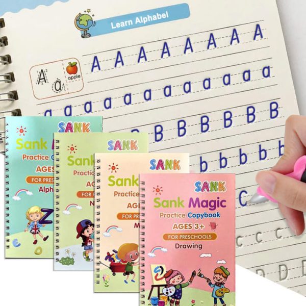 Magic Book Practice Sank (4 Books + Magic Pen & 10 Ink Refills) Sank Magic Book For Montessori Children Tracing Handwriting First Pre-school Baby Learning Books For Kids
